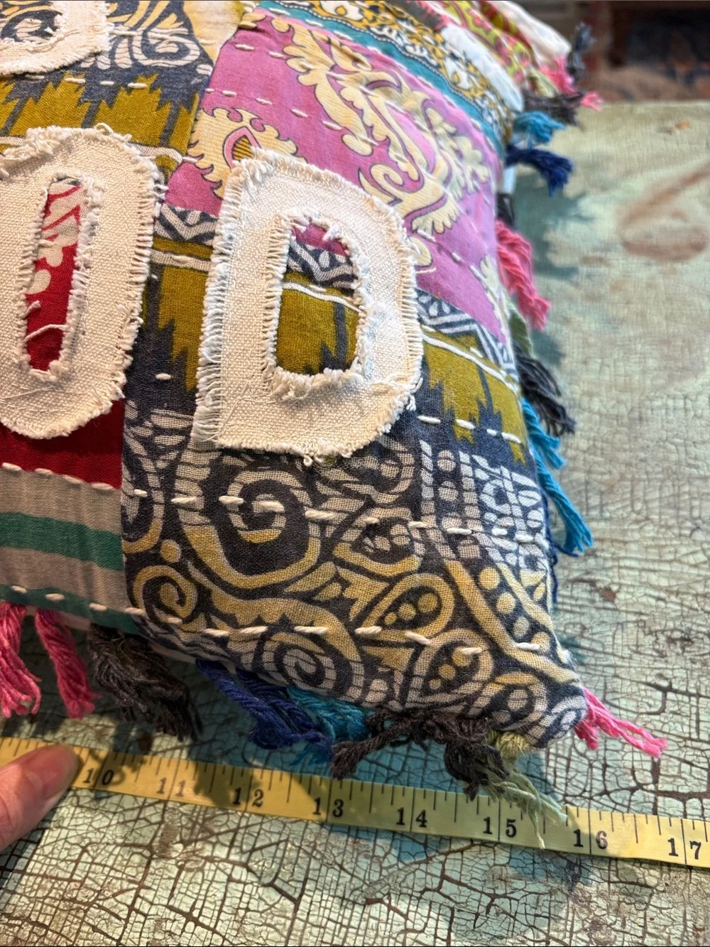 Life Is Good Boho Patchwork Tassel Throw Pillow 16” Decorative Cushion